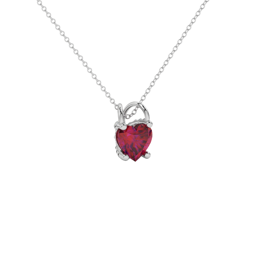 Raspberry Red heart cut gemstone pave basket halo pendant in white gold