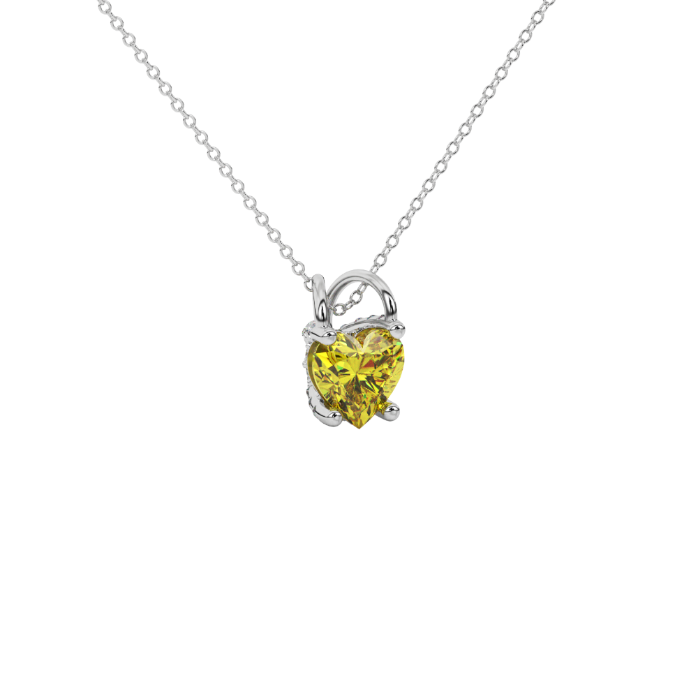 Canary Yellow heart cut gemstone pave basket halo pendant in white gold