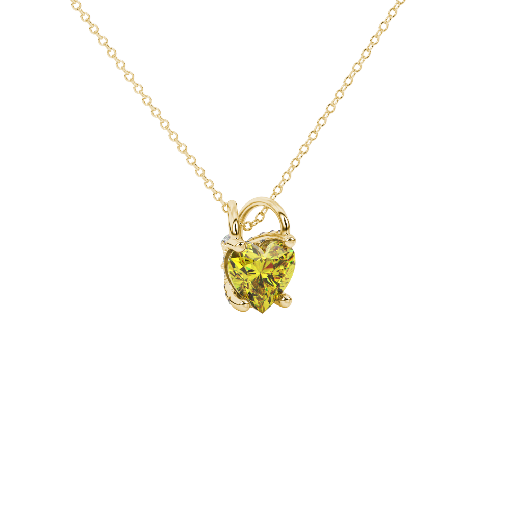Canary Yellow heart cut gemstone pave basket halo pendant in yellow gold