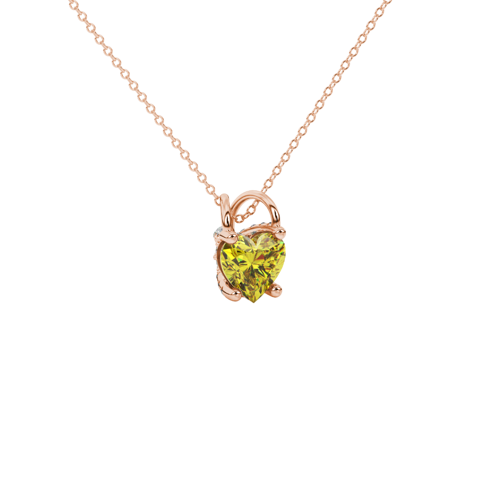 Canary Yellow heart cut gemstone pave basket halo pendant in rose gold