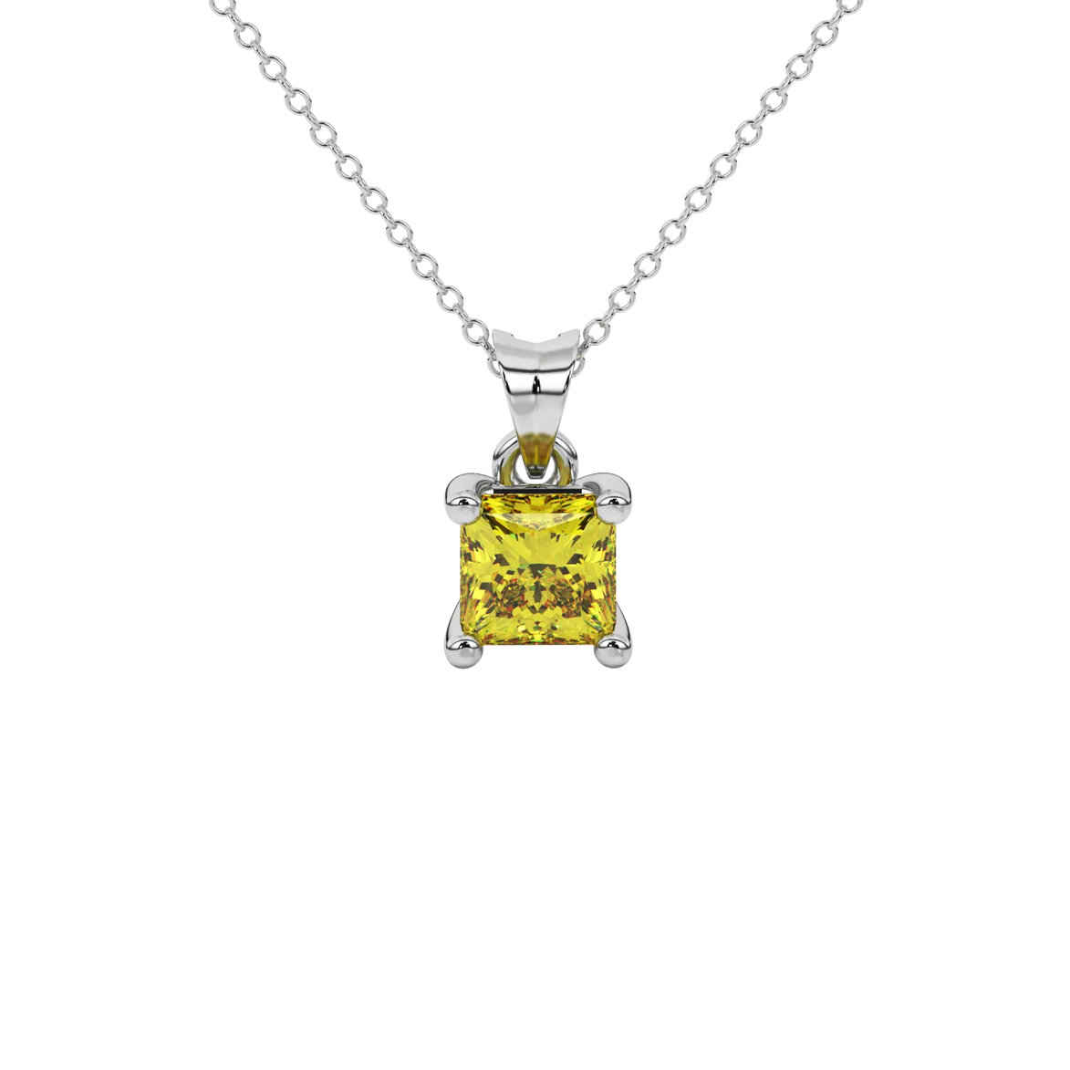 Princess canary yellow gemstone pendant, white gold four-prong setting.
