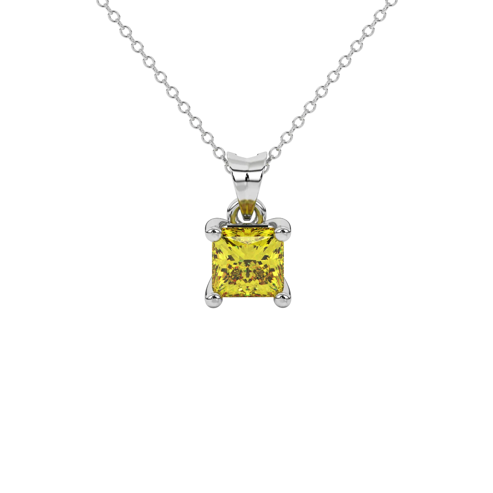 Princess canary yellow gemstone pendant, white gold four-prong setting.