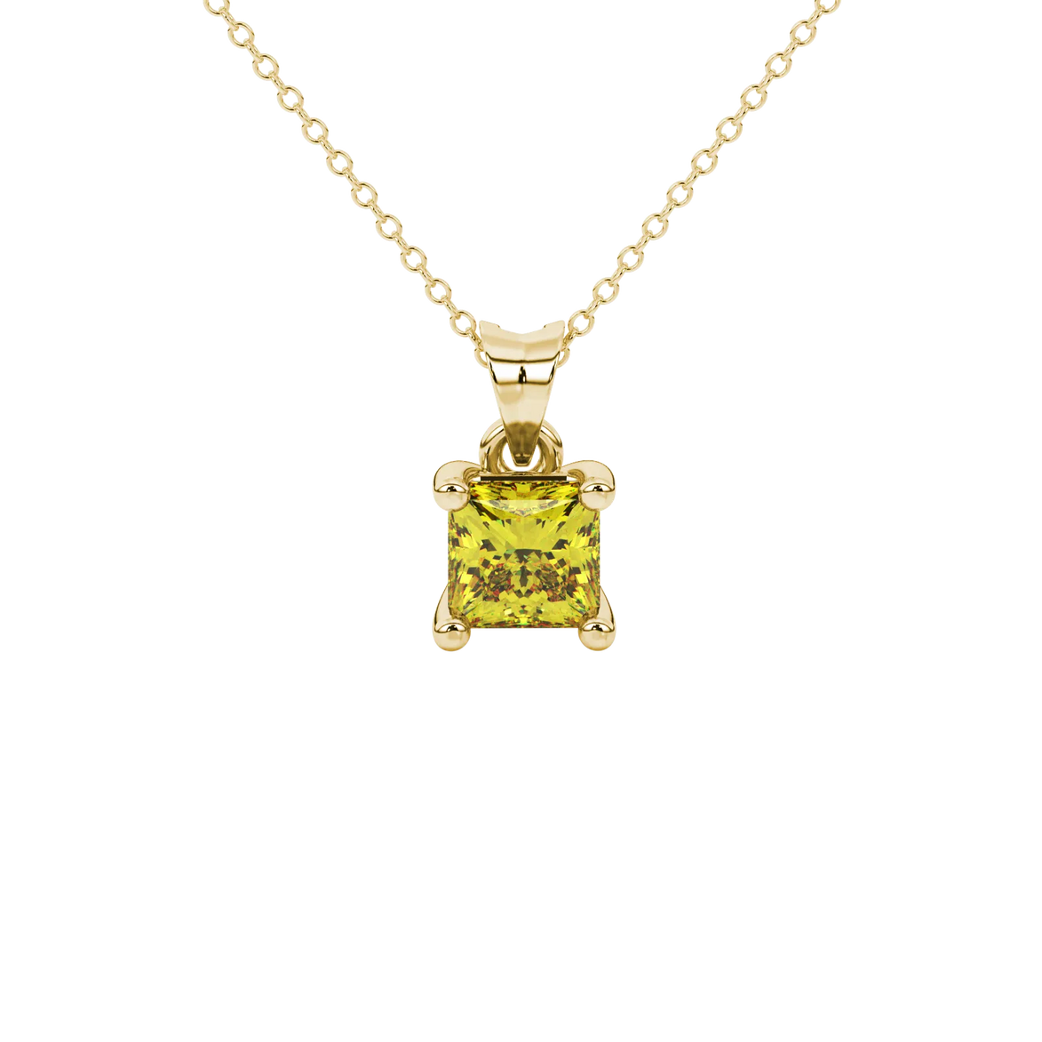 Princess canary yellow gemstone pendant, yellow gold four-prong setting.