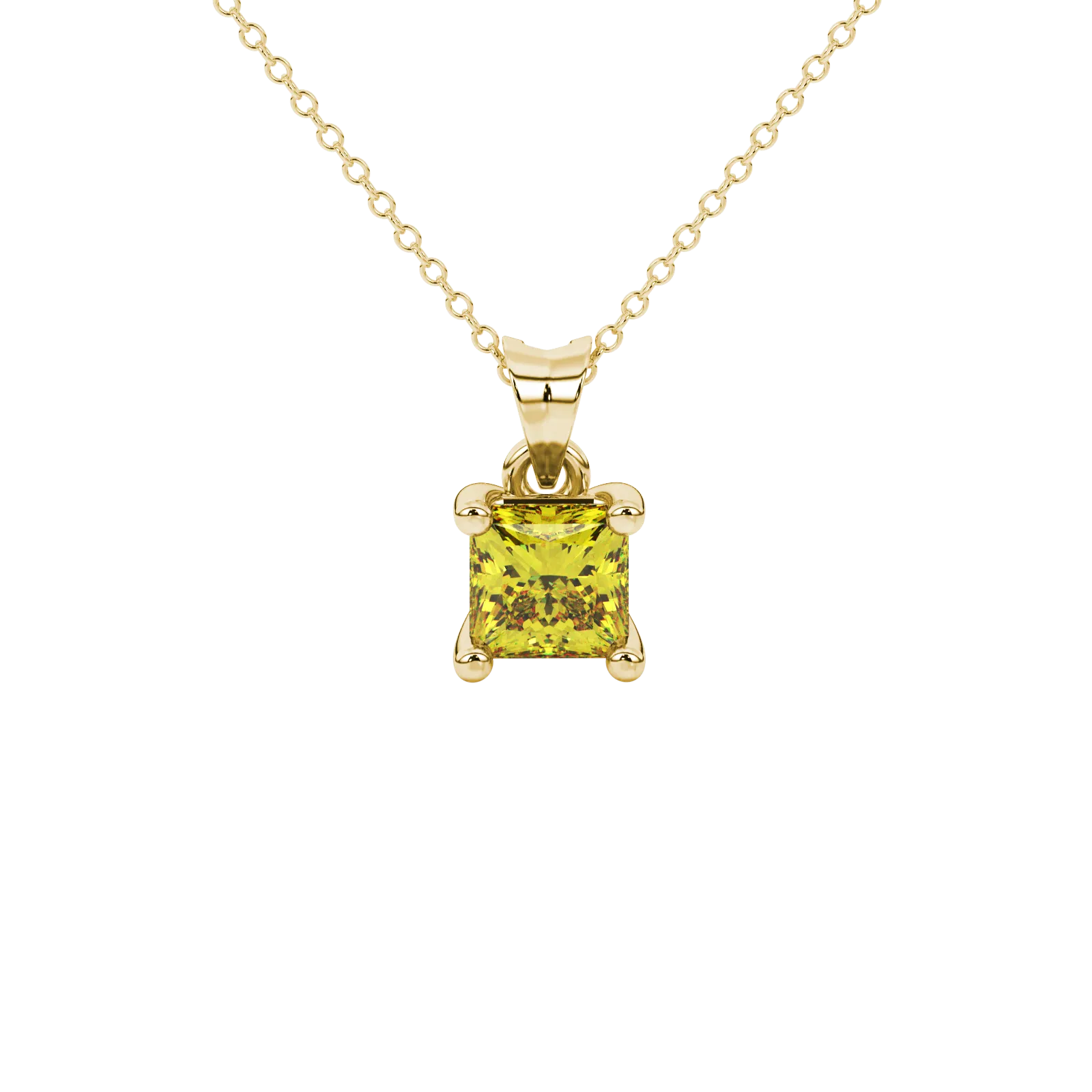 Princess canary yellow gemstone pendant, yellow gold four-prong setting.