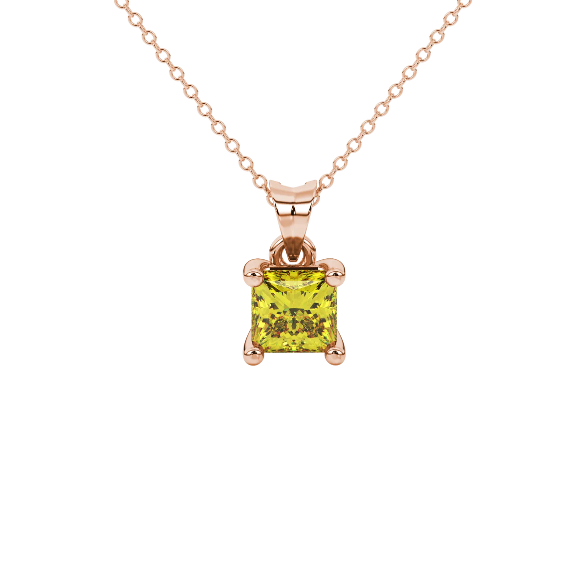 Princess canary yellow gemstone pendant, rose gold four-prong setting.