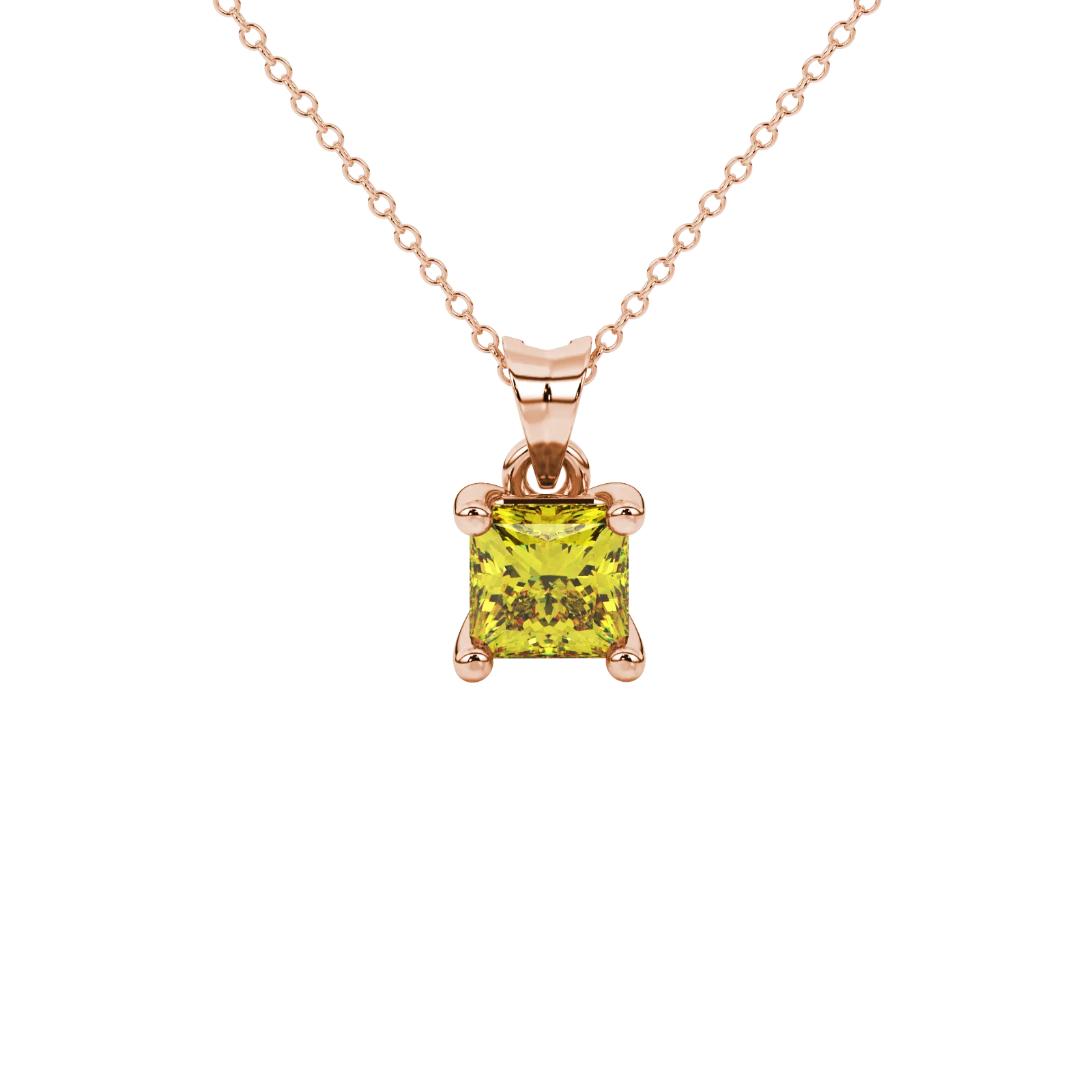 Princess canary yellow gemstone pendant, rose gold four-prong setting.