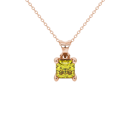 Princess canary yellow gemstone pendant, rose gold four-prong setting.