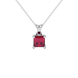 Princess raspberry red gemstone pendant, white gold four-prong setting.