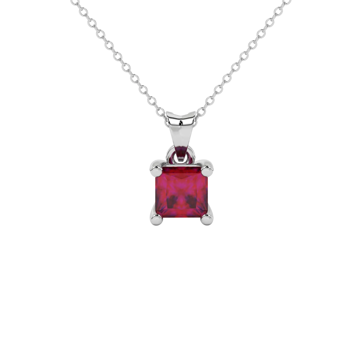 Princess raspberry red gemstone pendant, white gold four-prong setting.