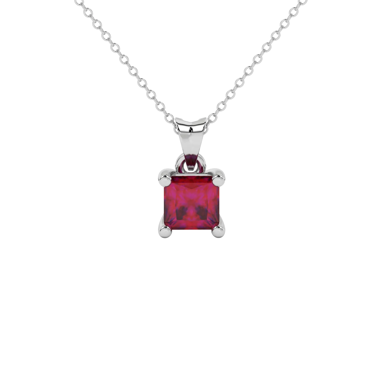 Princess raspberry red gemstone pendant, white gold four-prong setting.