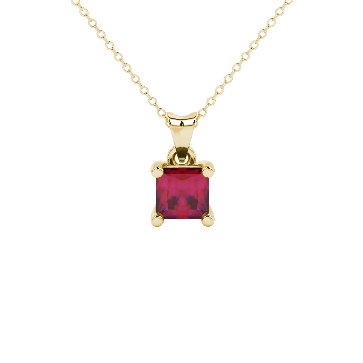 Princess raspberry red gemstone pendant, yellow gold four-prong setting.
