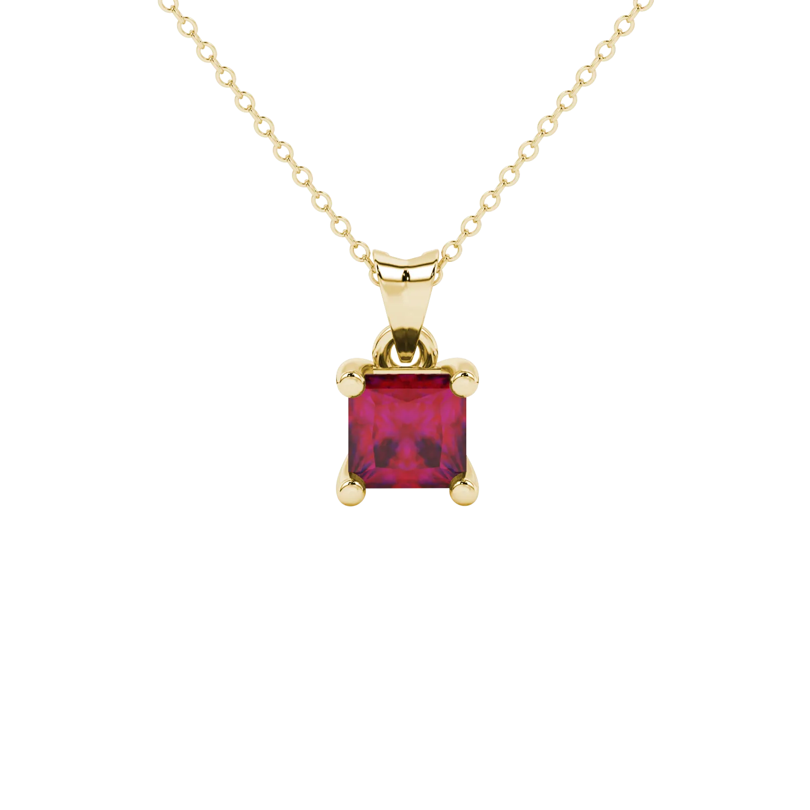 Princess raspberry red gemstone pendant, yellow gold four-prong setting.