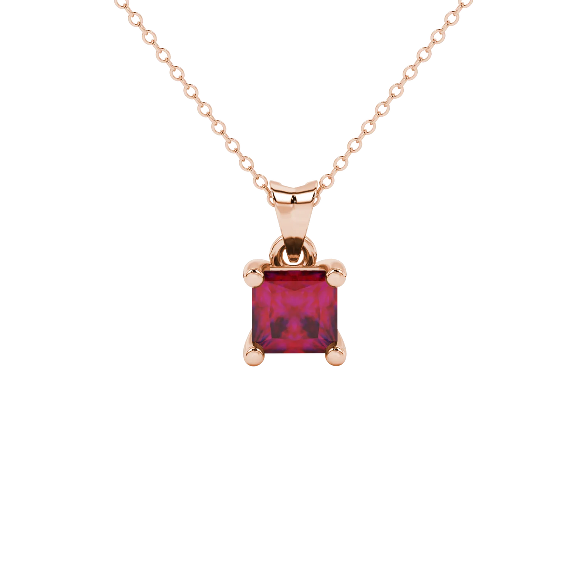 Princess raspberry red gemstone pendant, rose gold four-prong setting.