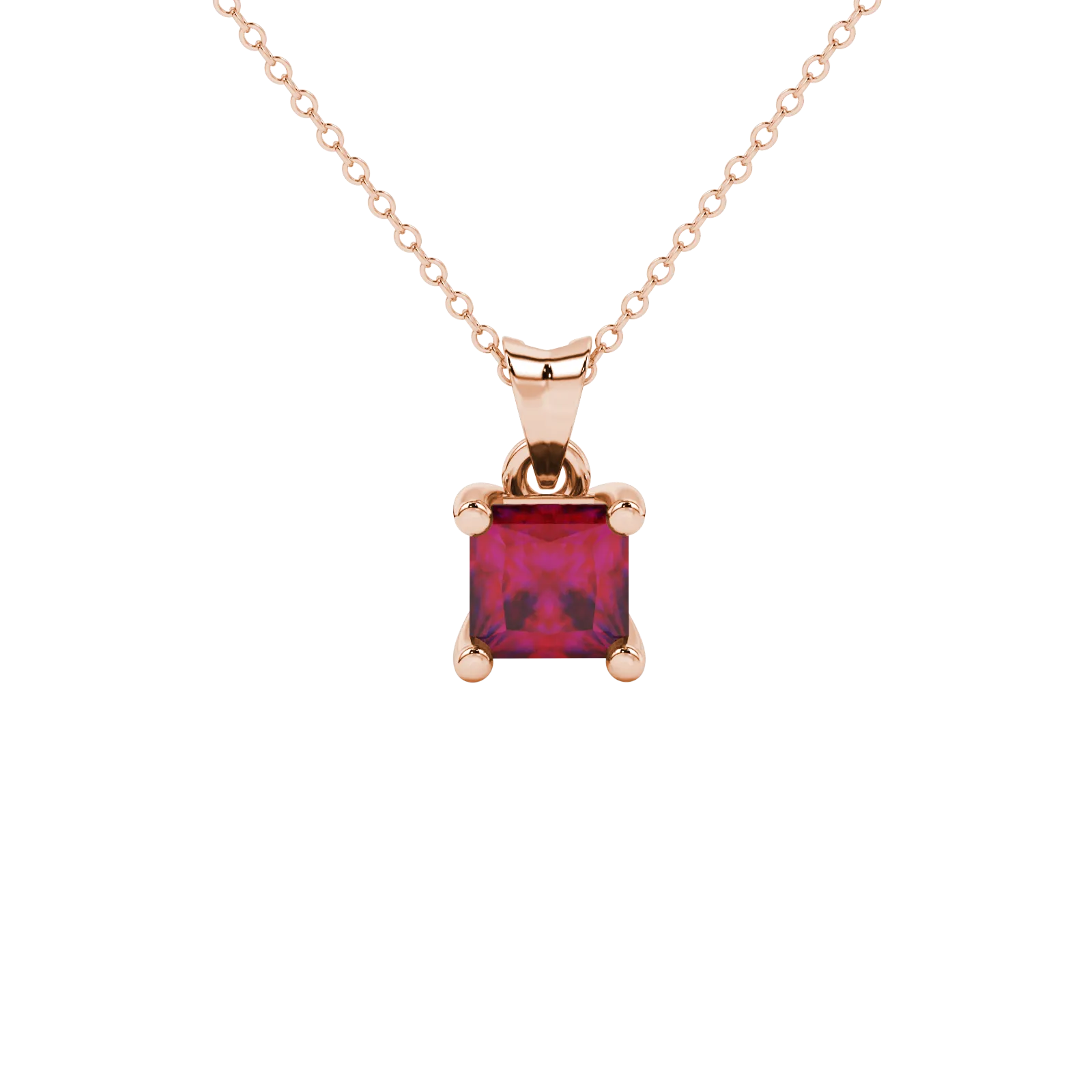 Princess raspberry red gemstone pendant, rose gold four-prong setting.