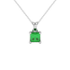 Princess emerald green gemstone pendant, white gold four-prong setting.