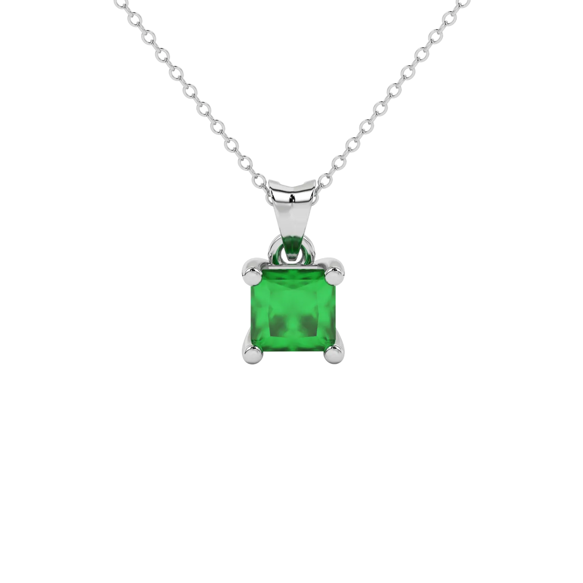 Princess emerald green gemstone pendant, white gold four-prong setting.