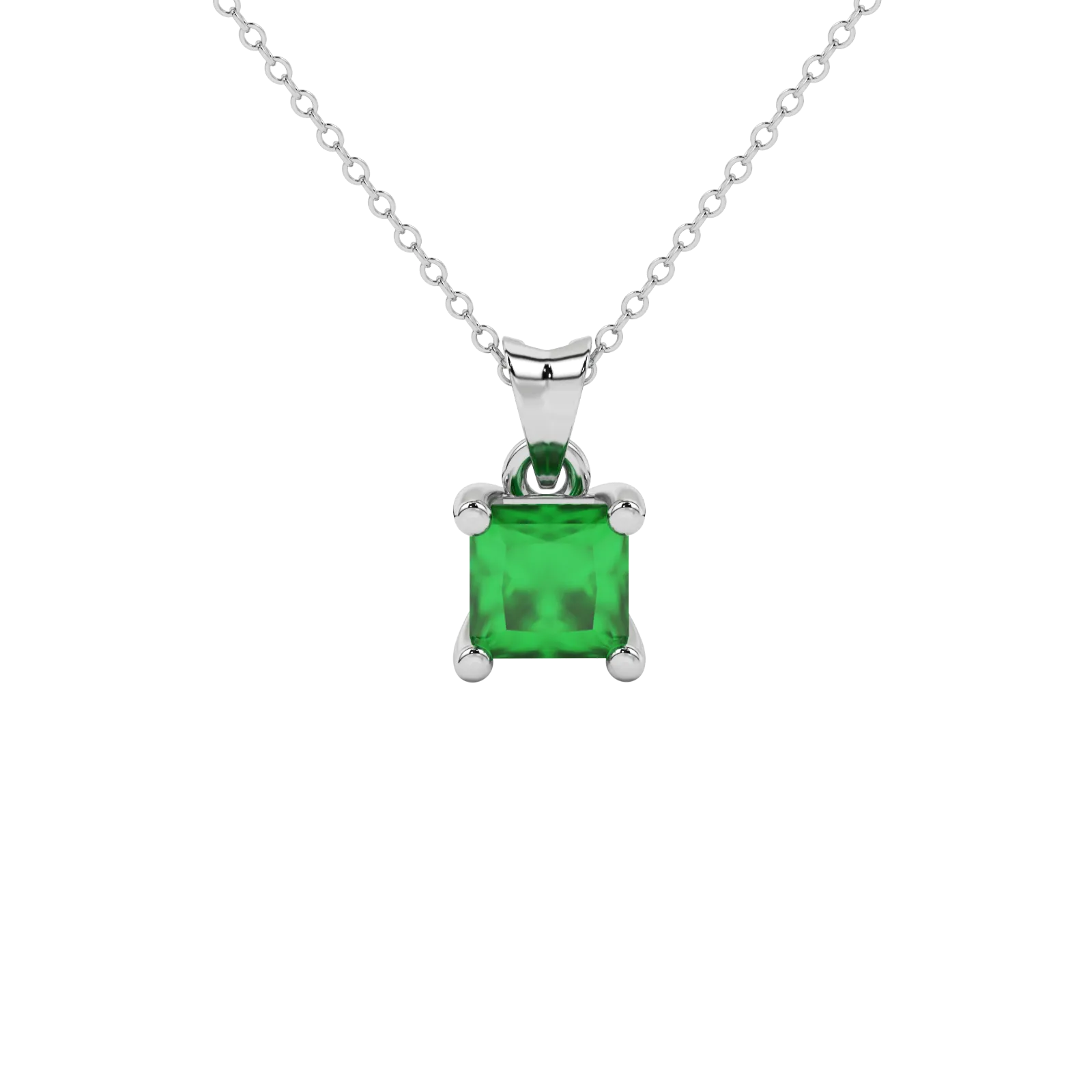 Princess emerald green gemstone pendant, white gold four-prong setting.