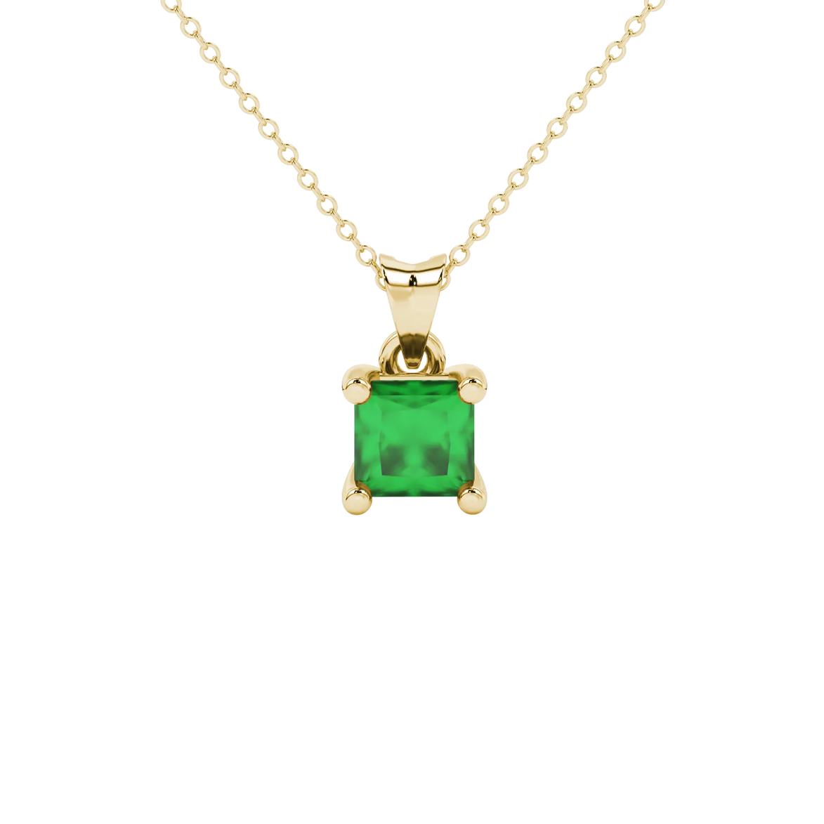 Princess emerald green gemstone pendant, yellow gold four-prong setting.