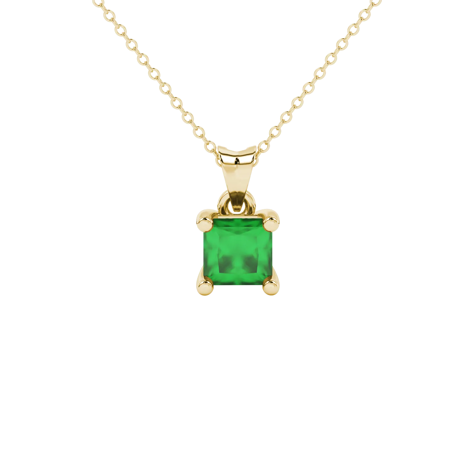 Princess emerald green gemstone pendant, yellow gold four-prong setting.