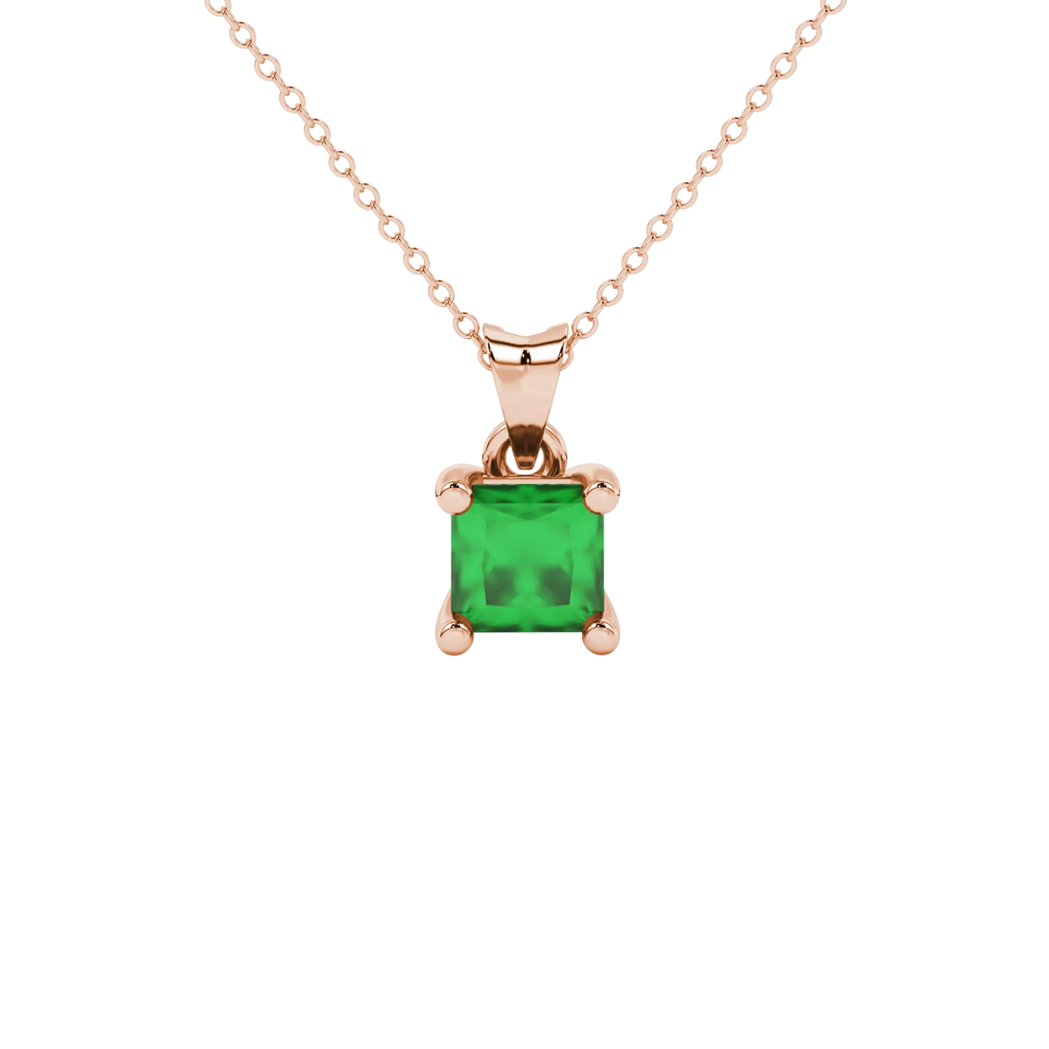 Princess emerald green gemstone pendant, rose gold four-prong setting.