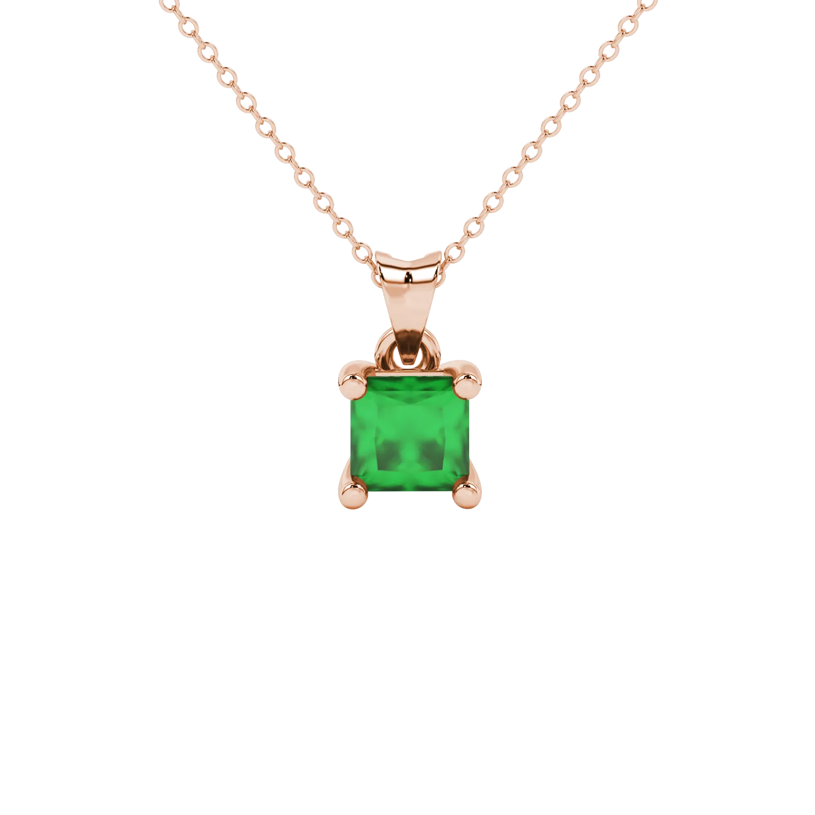 Princess emerald green gemstone pendant, rose gold four-prong setting.
