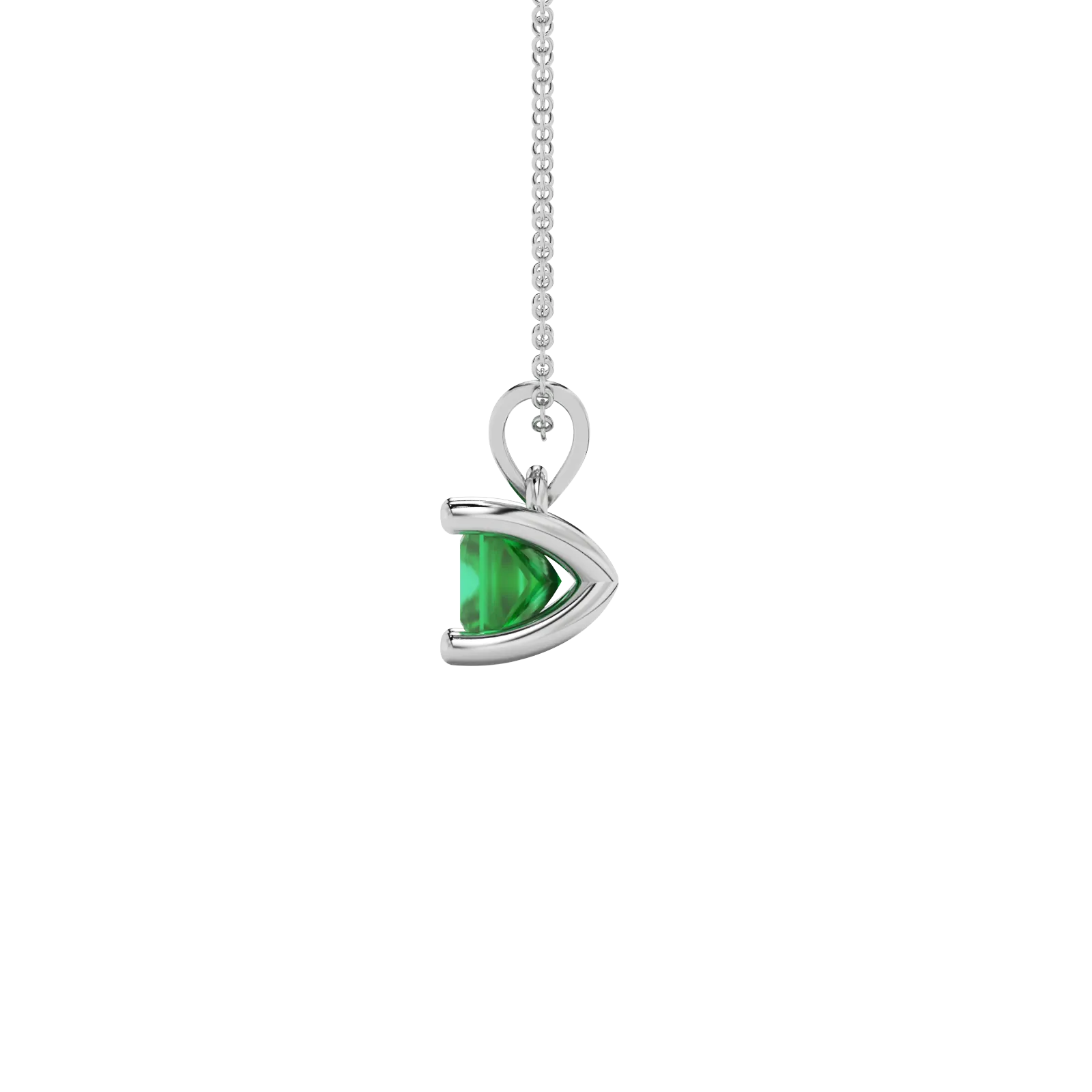 Side profile, white gold emerald green pendant, four-prong gallery.
