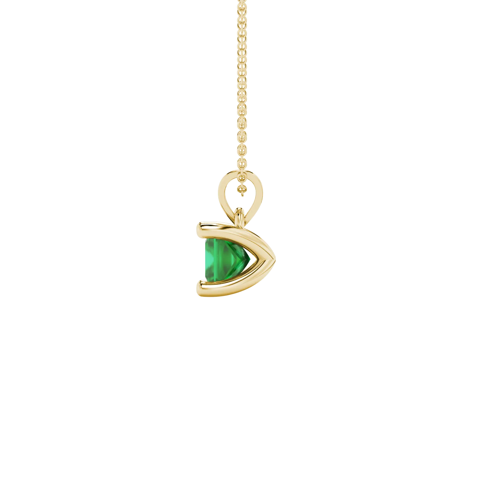 Side profile, yellow gold emerald green pendant, four-prong gallery.