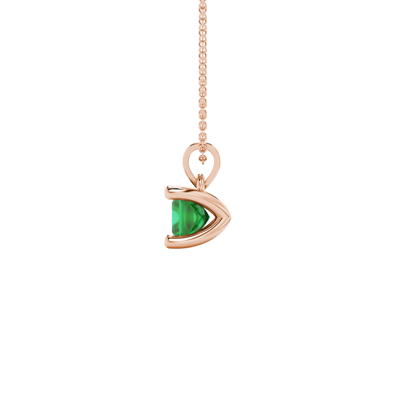 Side profile, rose gold emerald green pendant, four-prong gallery.