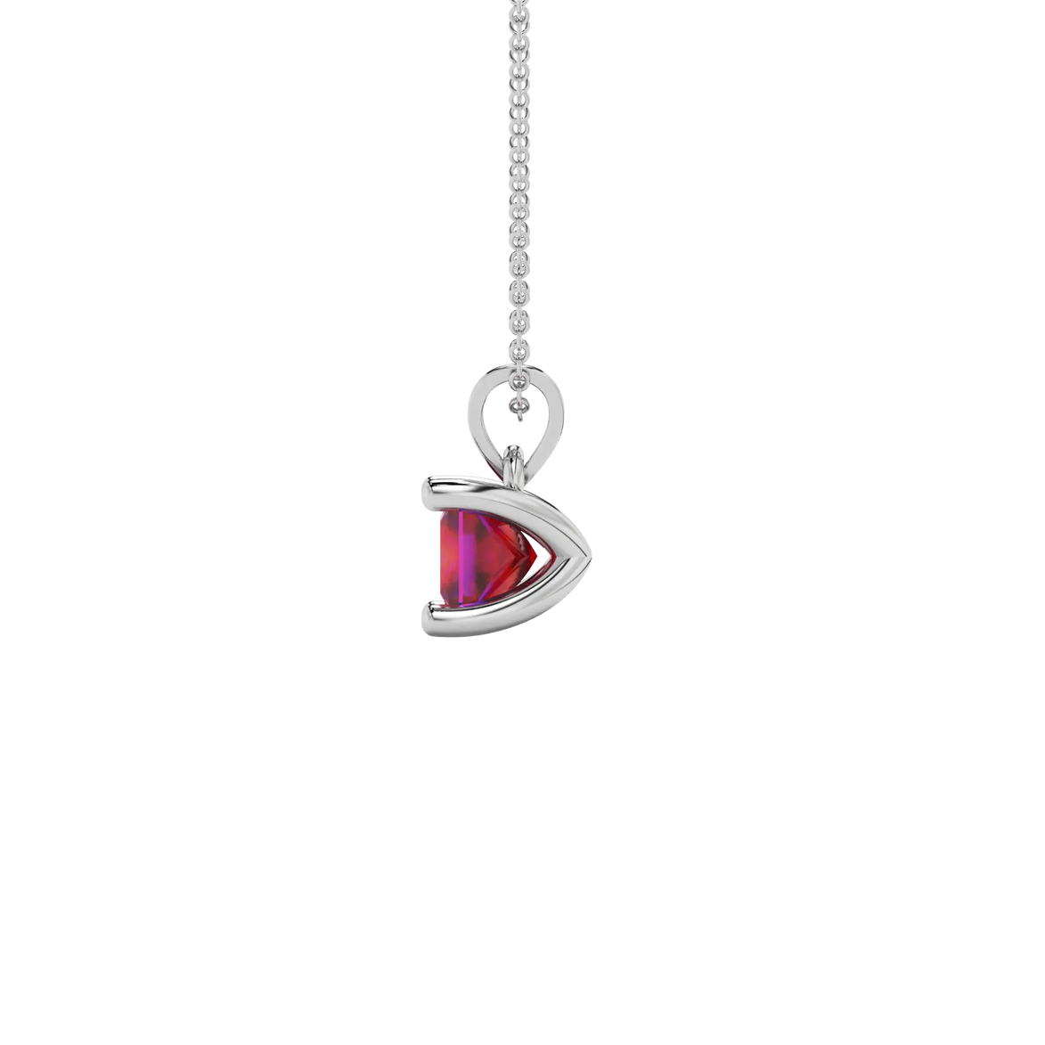 Side profile, white gold raspberry red pendant, four-prong gallery.