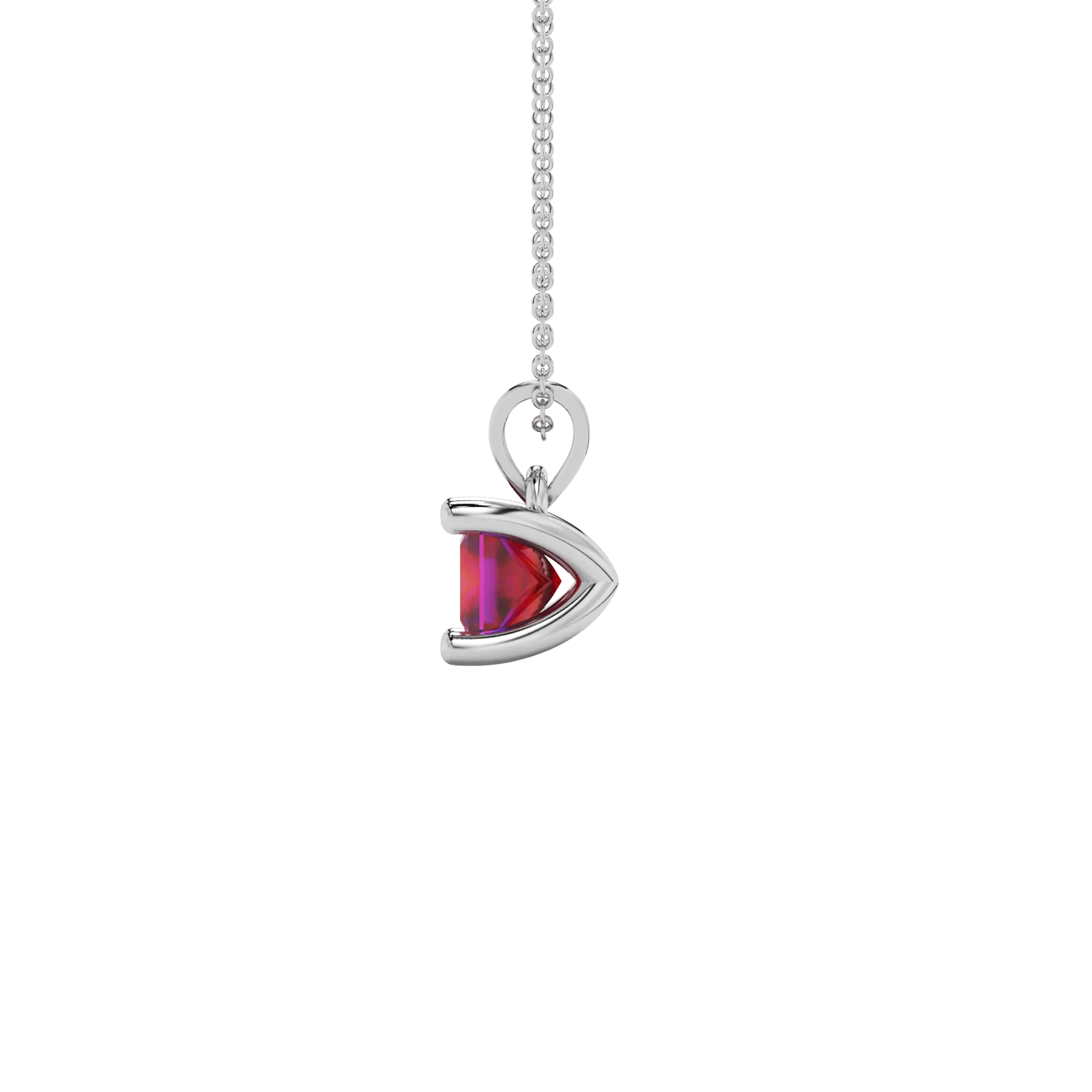 Side profile, white gold raspberry red pendant, four-prong gallery.