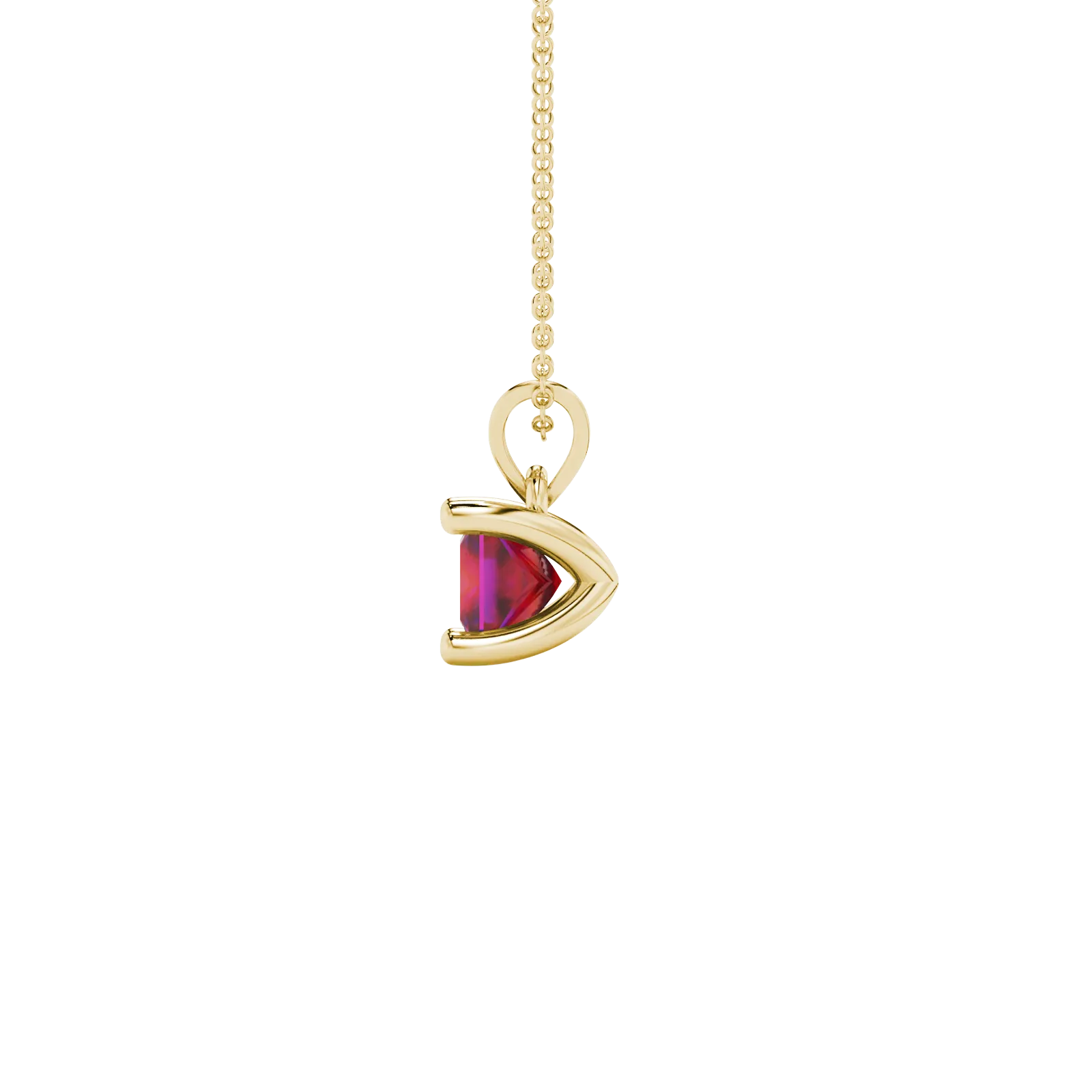 Side profile, yellow gold raspberry red pendant, four-prong gallery.