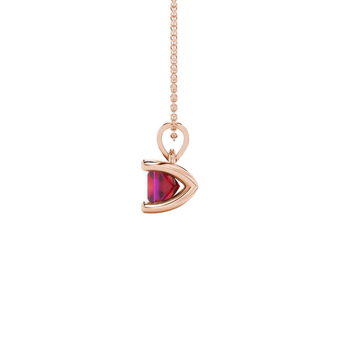 Side profile, rose gold raspberry red pendant, four-prong gallery.