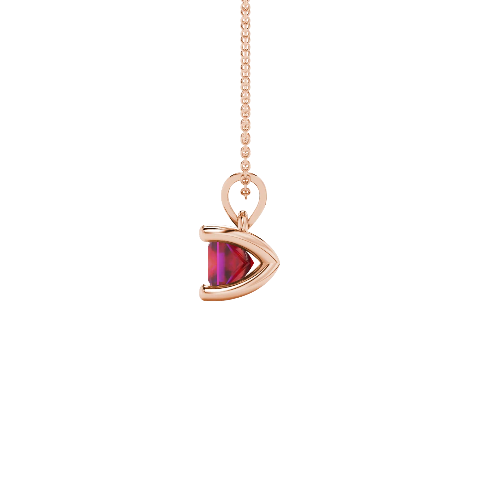 Side profile, rose gold raspberry red pendant, four-prong gallery.