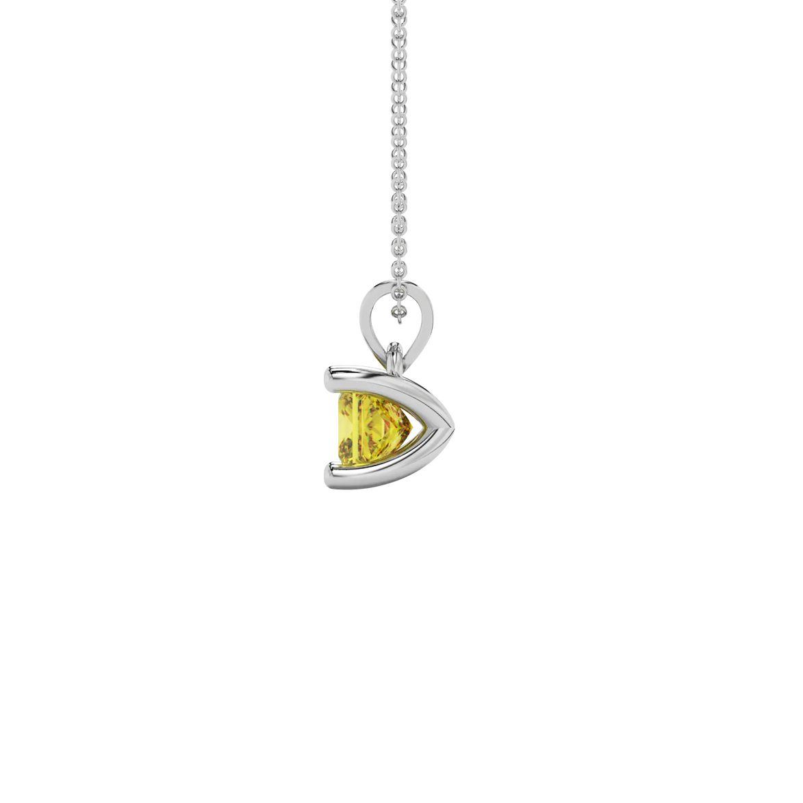 Side profile, white gold canary yellow pendant, four-prong gallery.