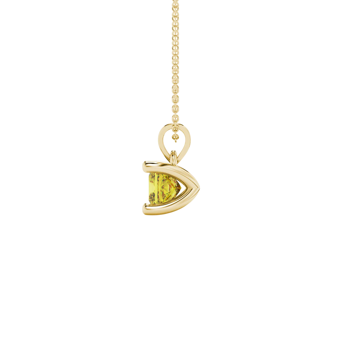 Side profile, yellow gold canary yellow pendant, four-prong gallery.