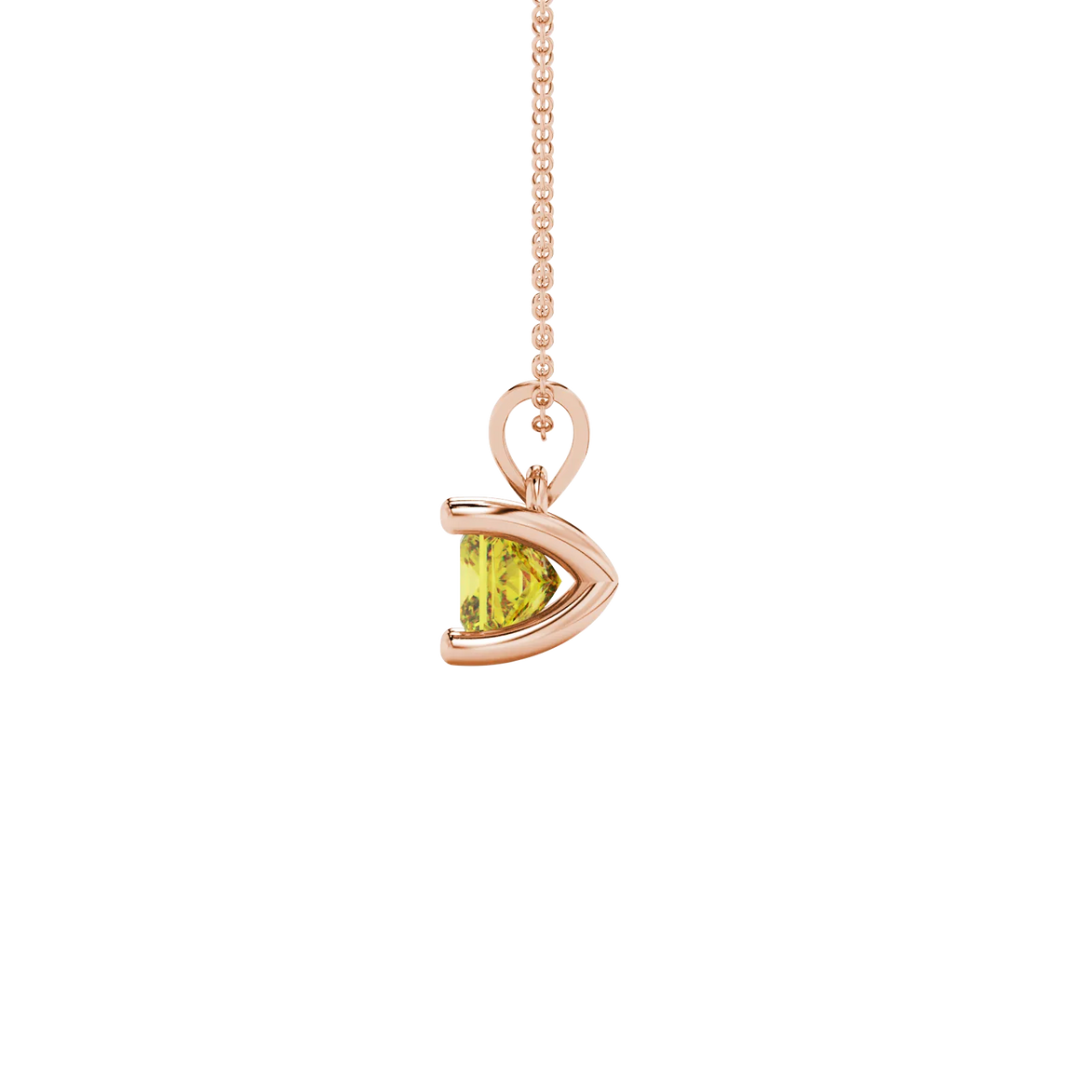 Side profile, rose gold canary yellow pendant, four-prong gallery.