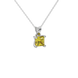 Close-up canary yellow gemstone pendant, white gold four-prong setting.