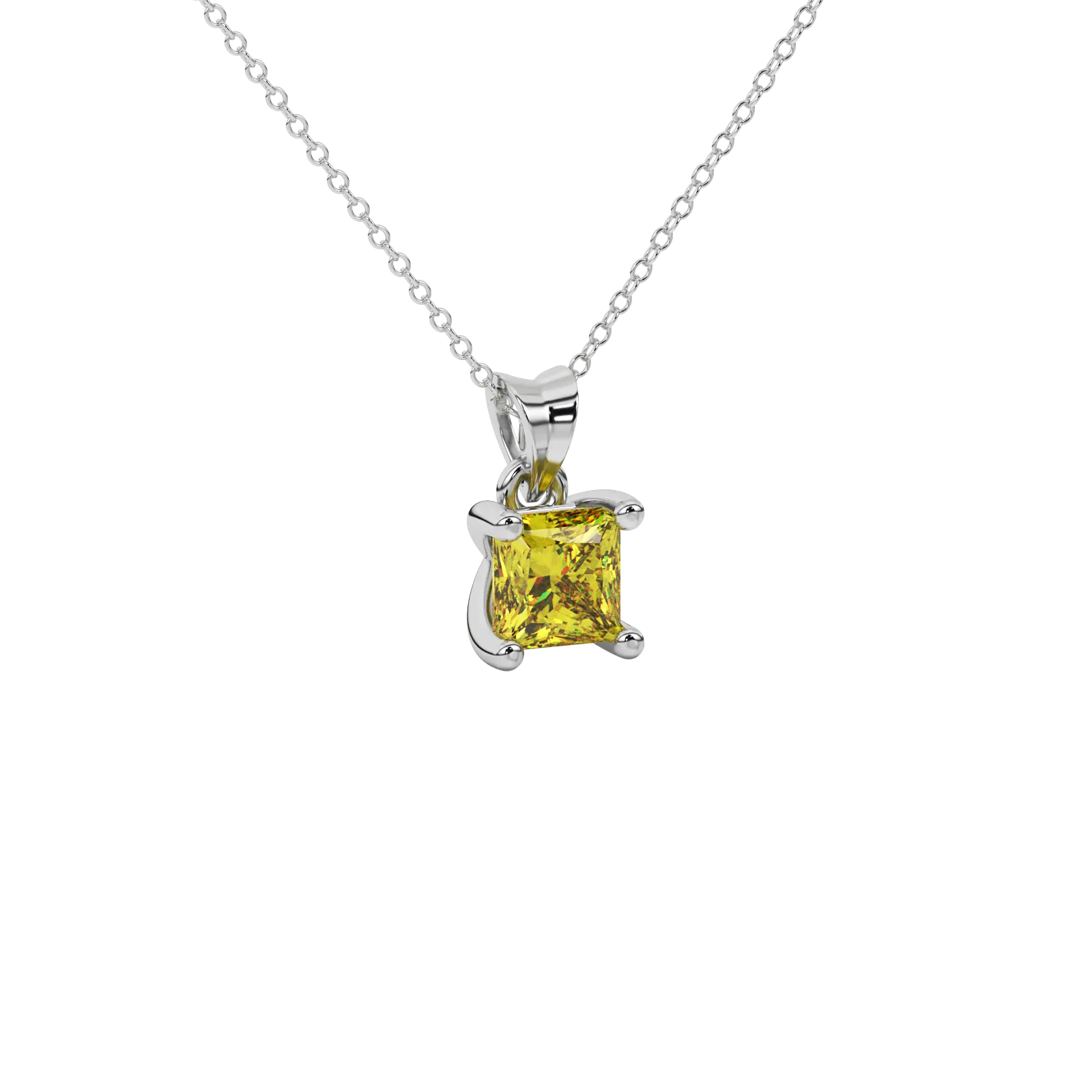 Close-up canary yellow gemstone pendant, white gold four-prong setting.
