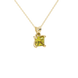 Close-up, princess canary yellow gemstone, yellow gold four-prong pendant.