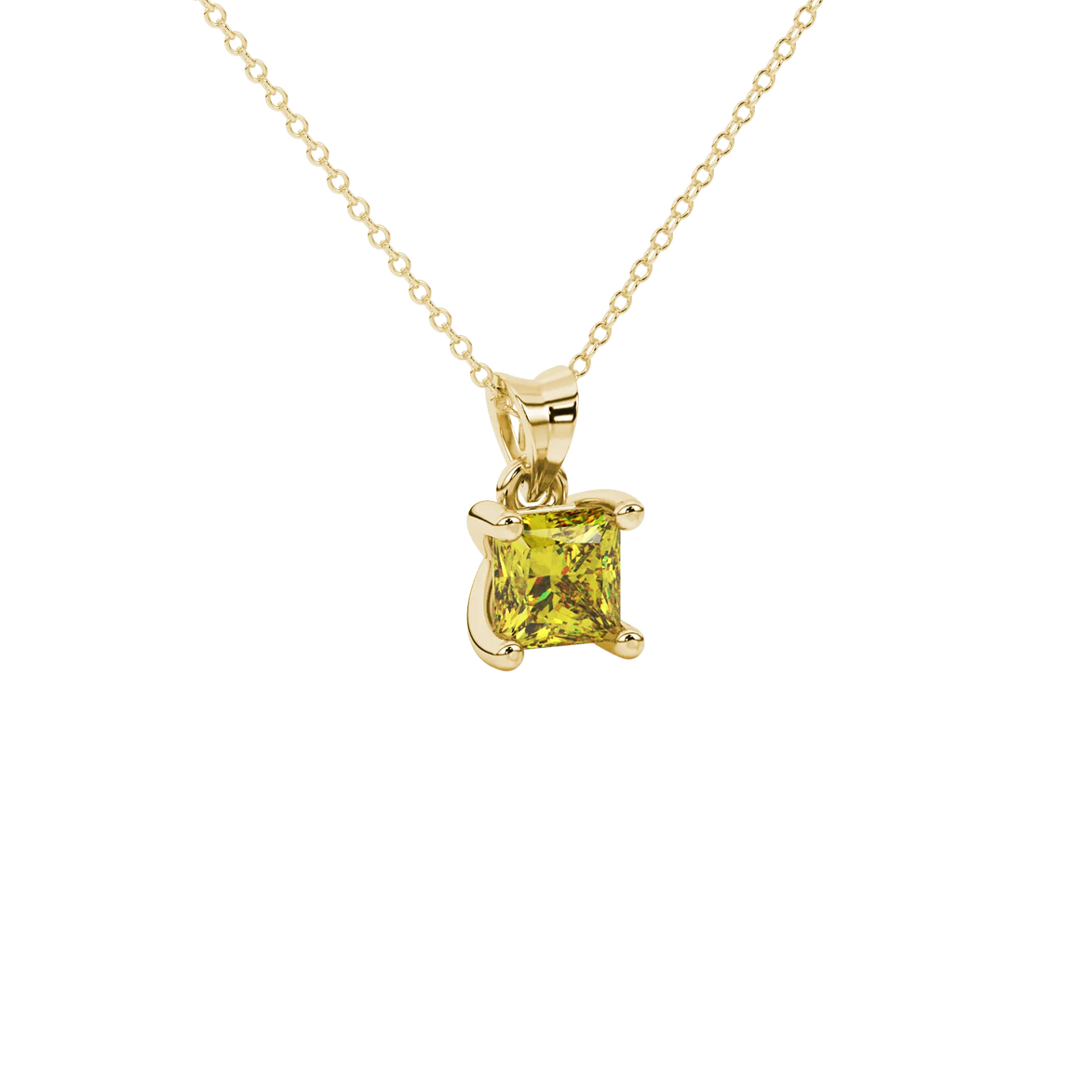 Close-up, princess canary yellow gemstone, yellow gold four-prong pendant.