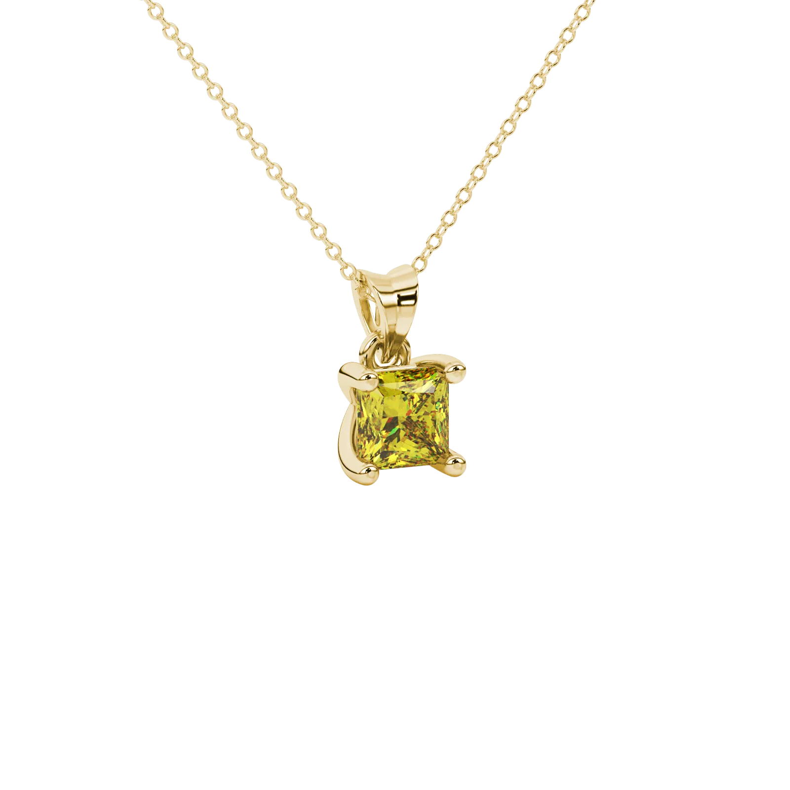 Close-up, princess canary yellow gemstone, yellow gold four-prong pendant.