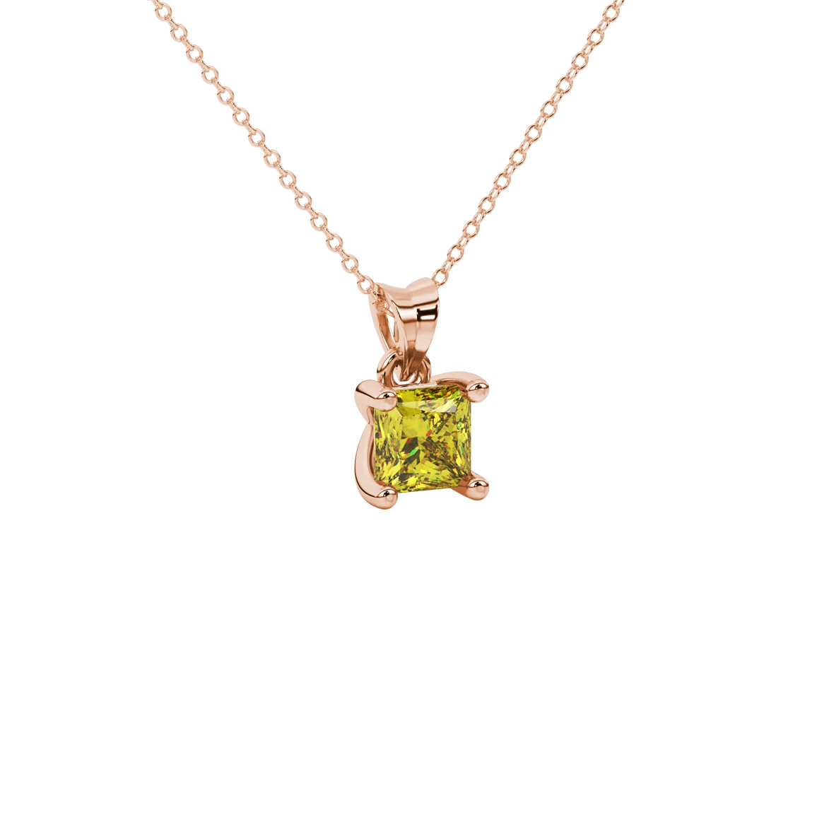 Close-up, princess canary yellow gemstone pendant, rose gold four-prong setting