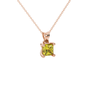 Close-up, princess canary yellow gemstone pendant, rose gold four-prong setting
