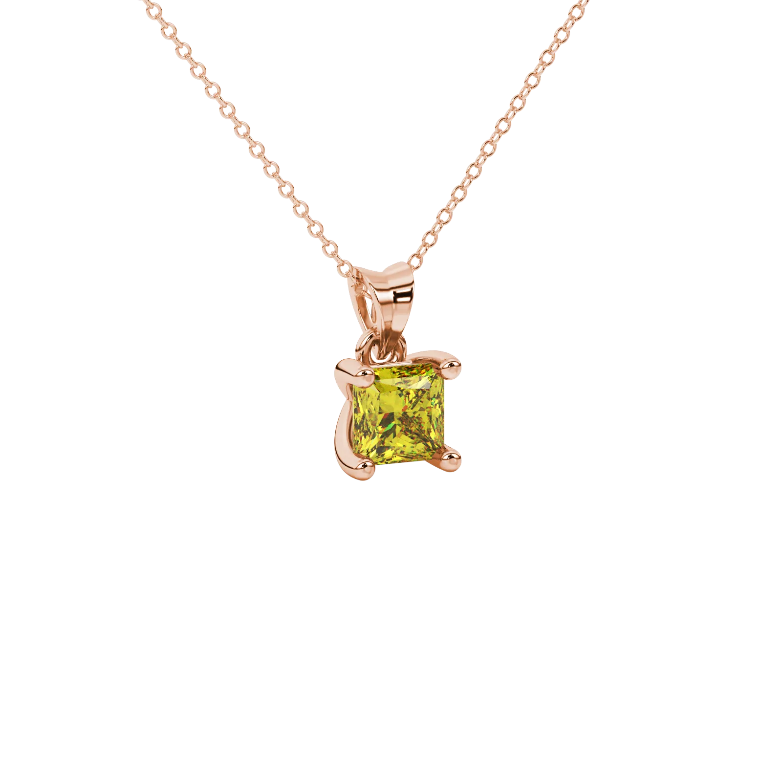 Close-up, princess canary yellow gemstone pendant, rose gold four-prong setting