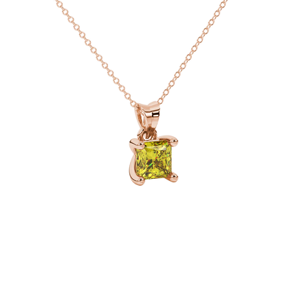 Close-up, princess canary yellow gemstone pendant, rose gold four-prong setting