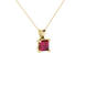 Close-up, princess raspberry red gemstone, yellow gold four-prong pendant.