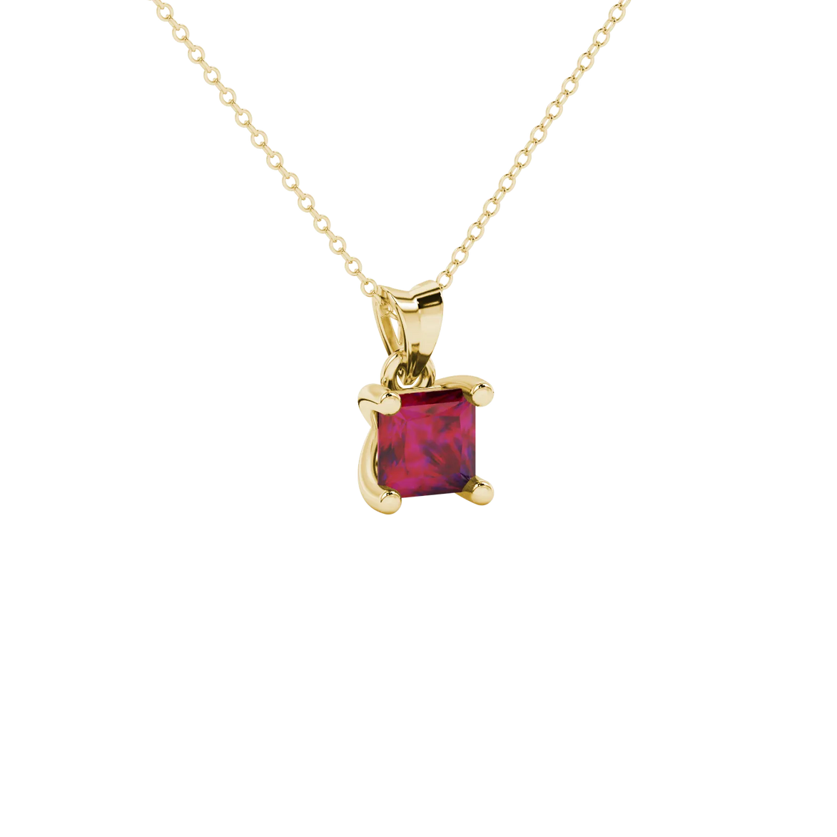 Close-up, princess raspberry red gemstone, yellow gold four-prong pendant.