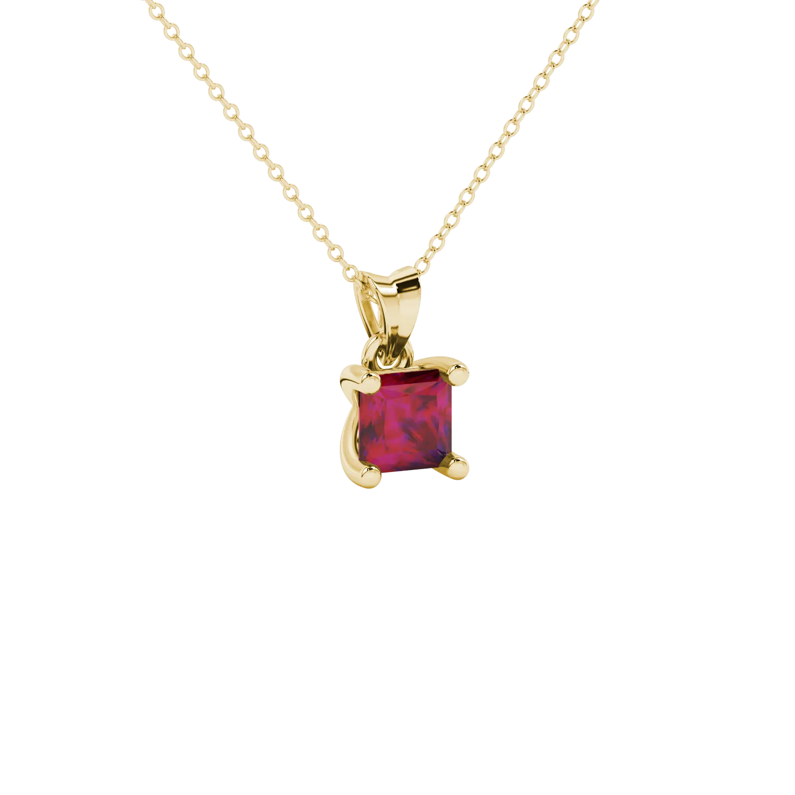 Close-up, princess raspberry red gemstone, yellow gold four-prong pendant.
