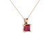 Close-up, princess raspberry red gemstone pendant, rose gold four-prong setting.