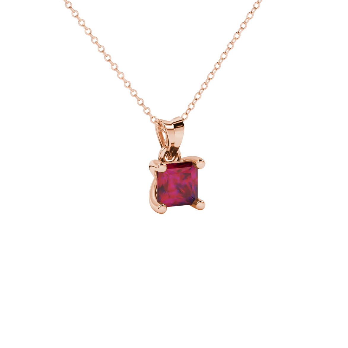 Close-up, princess raspberry red gemstone pendant, rose gold four-prong setting.